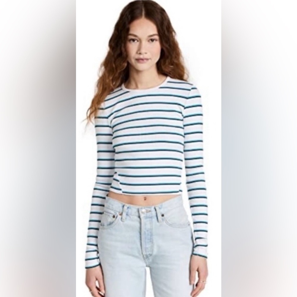 Rag & Bone Essential Rib Striped Long Sleeve Tee White Blue Size S NWT